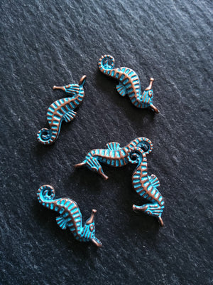 12 or 60 Antique Copper Seahorse Charms with Blue Patina 22x9x3mm