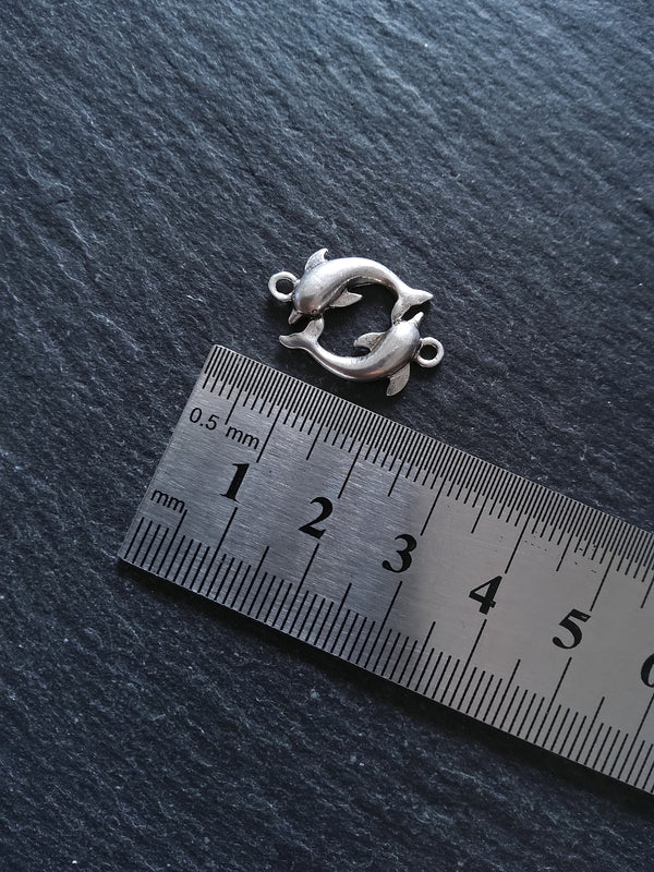 2 or 10 Dolphin Connector Charms Antiqued Sterling Silver Plated 14x21x3mm Nickel FREE
