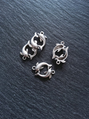 2 or 10 Dolphin Connector Charms Antiqued Sterling Silver Plated 14x21x3mm Nickel FREE