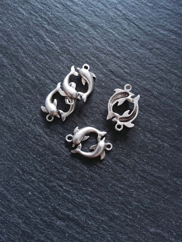 2 or 10 Dolphin Connector Charms Antiqued Sterling Silver Plated 14x21x3mm Nickel FREE