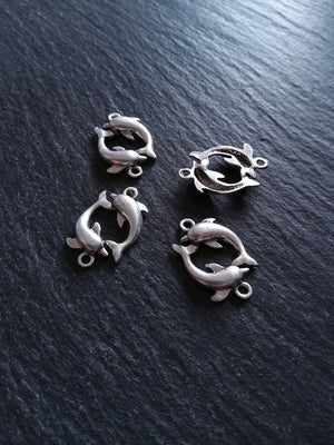 2 or 10 Dolphin Connector Charms Antiqued Sterling Silver Plated 14x21x3mm Nickel FREE
