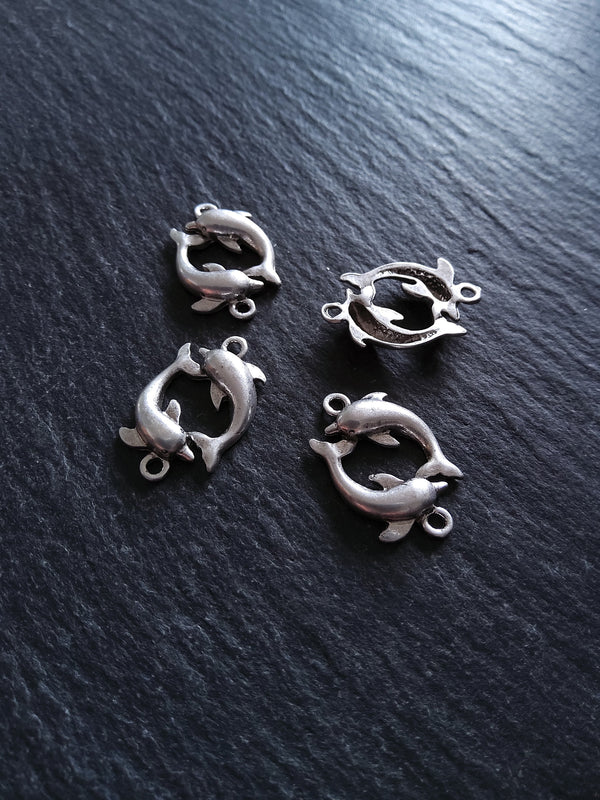 2 or 10 Dolphin Connector Charms Antiqued Sterling Silver Plated 14x21x3mm Nickel FREE