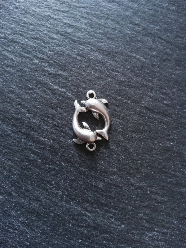 2 or 10 Dolphin Connector Charms Antiqued Sterling Silver Plated 14x21x3mm Nickel FREE