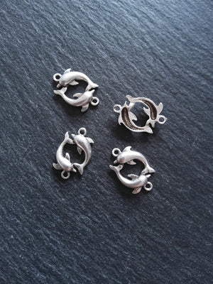 2 or 10 Dolphin Connector Charms Antiqued Sterling Silver Plated 14x21x3mm Nickel FREE