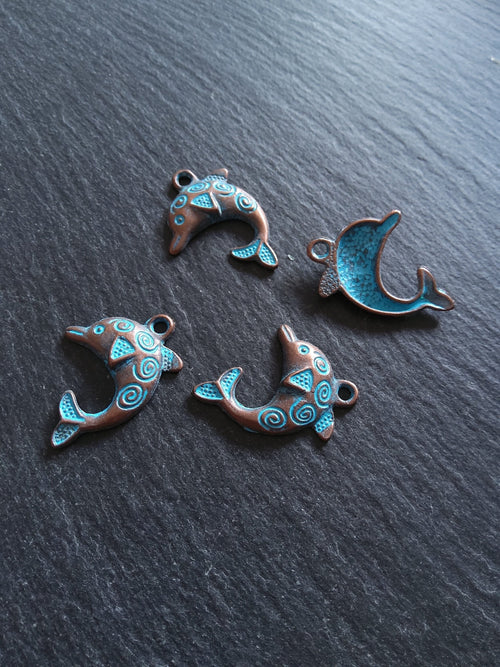 8 or 40 Antique Copper Dolphin Charms with Blue Patina 31x22mm