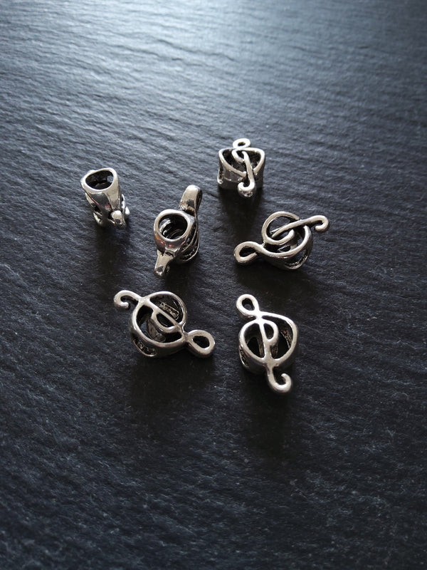 10 or 50 Treble Clef Antique Silver Tone Beads 18x9x7mm Large 4.7mm Hole