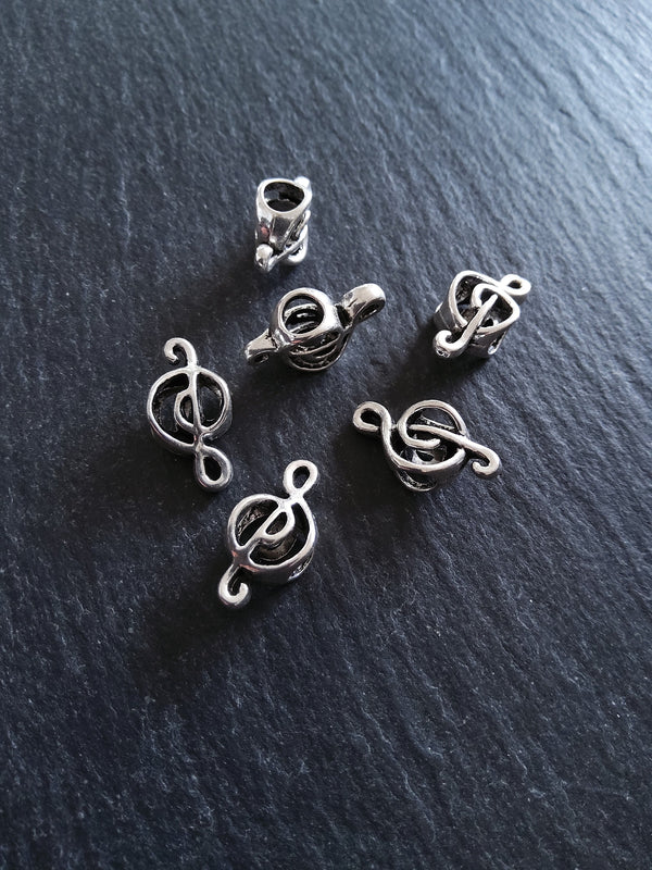 10 or 50 Treble Clef Antique Silver Tone Beads 18x9x7mm Large 4.7mm Hole