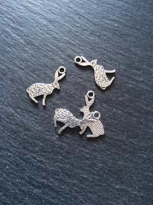 8 or 40 Rabbit Hare Charms Silver Tone Alloy Flat 26x14mm
