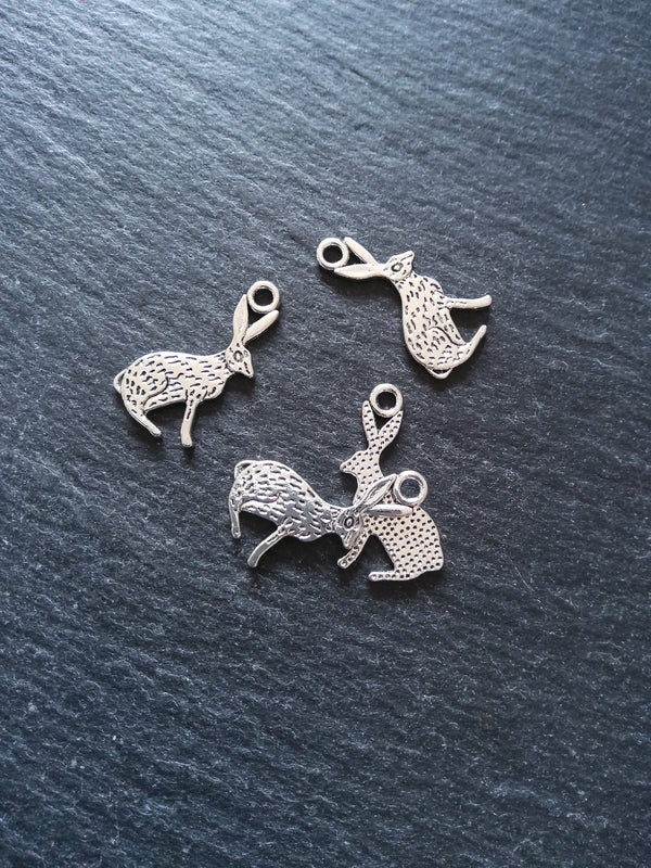 8 or 40 Rabbit Hare Charms Silver Tone Alloy Flat 26x14mm