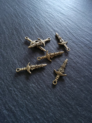 10 or 50 Sword Charms Antique Bronze Tone Metal Alloy 28x13mm