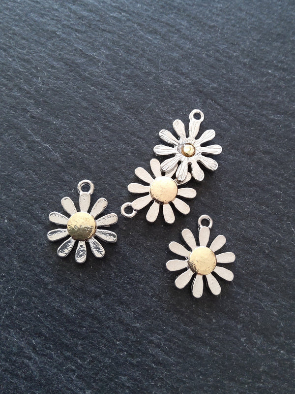 2 or 10 Daisy Flower Charms Silver & Gold 18x15mm