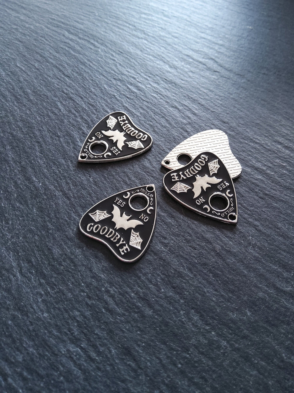 4 or 20 Silver Tone Ouija Bat Planchette Charms with Black Enamel 26x22mm