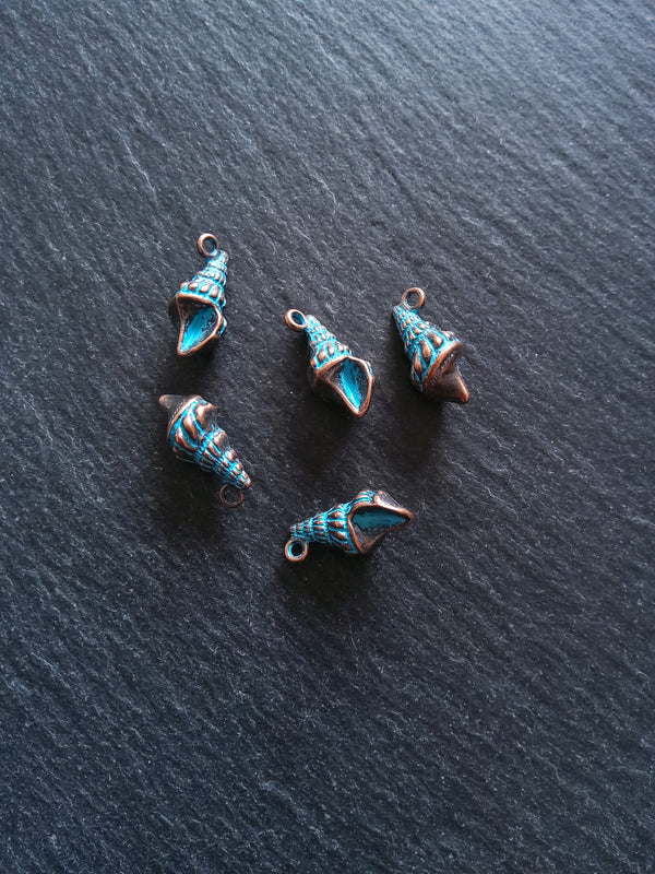 4 or 20 Antique Copper Shell Charms with Blue Patina 21x10mm