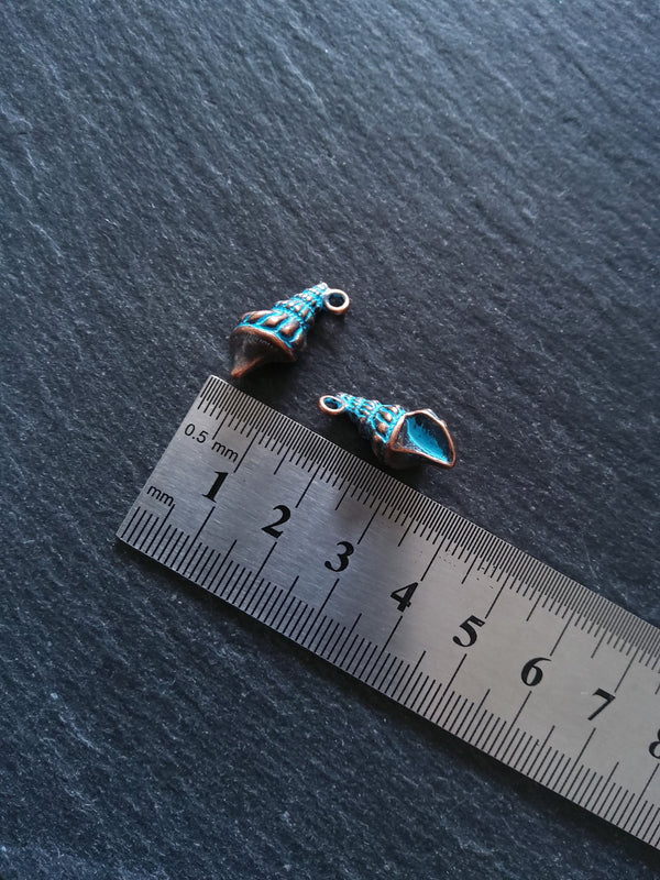 4 or 20 Antique Copper Shell Charms with Blue Patina 21x10mm