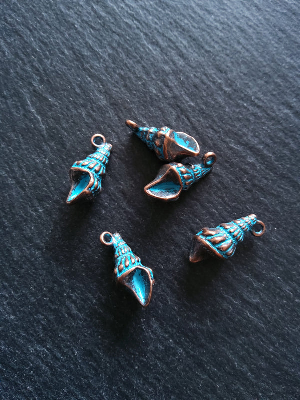 4 or 20 Antique Copper Shell Charms with Blue Patina 21x10mm
