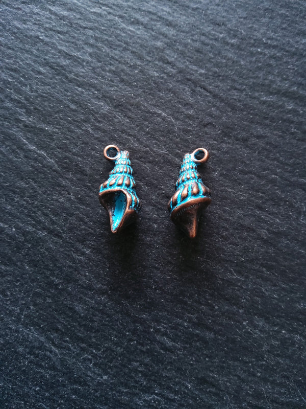 4 or 20 Antique Copper Shell Charms with Blue Patina 21x10mm
