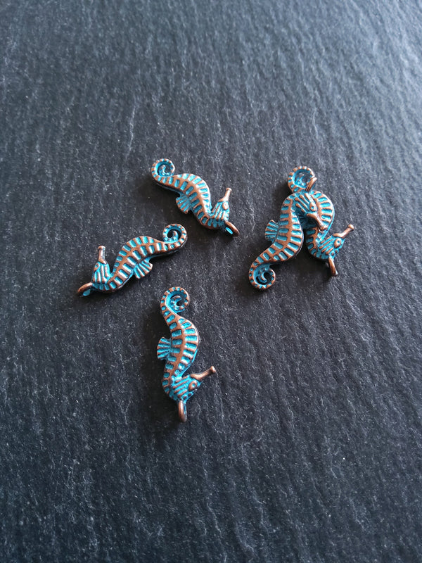 12 or 60 Antique Copper Seahorse Charms with Blue Patina 22x9x3mm