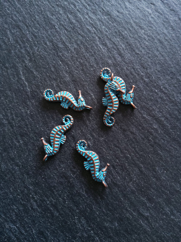 12 or 60 Antique Copper Seahorse Charms with Blue Patina 22x9x3mm