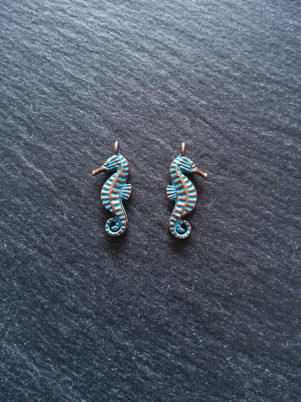 12 or 60 Antique Copper Seahorse Charms with Blue Patina 22x9x3mm