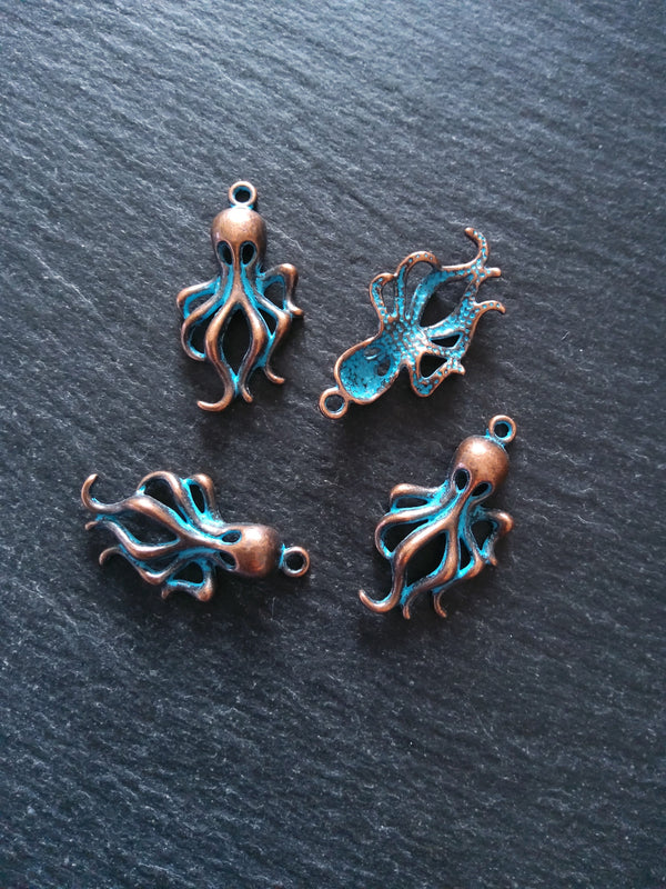 8 or 40 Antique Copper Octopus Charms with Blue Patina 31x17x5mm