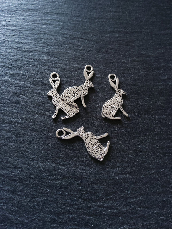 8 or 40 Rabbit Hare Charms Silver Tone Alloy Flat 26x14mm