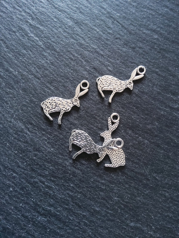 8 or 40 Rabbit Hare Charms Silver Tone Alloy Flat 26x14mm