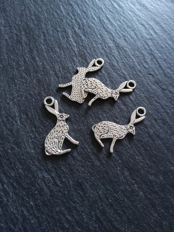 8 or 40 Rabbit Hare Charms Silver Tone Alloy Flat 26x14mm