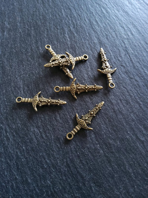 10 or 50 Sword Charms Antique Bronze Tone Metal Alloy 28x13mm