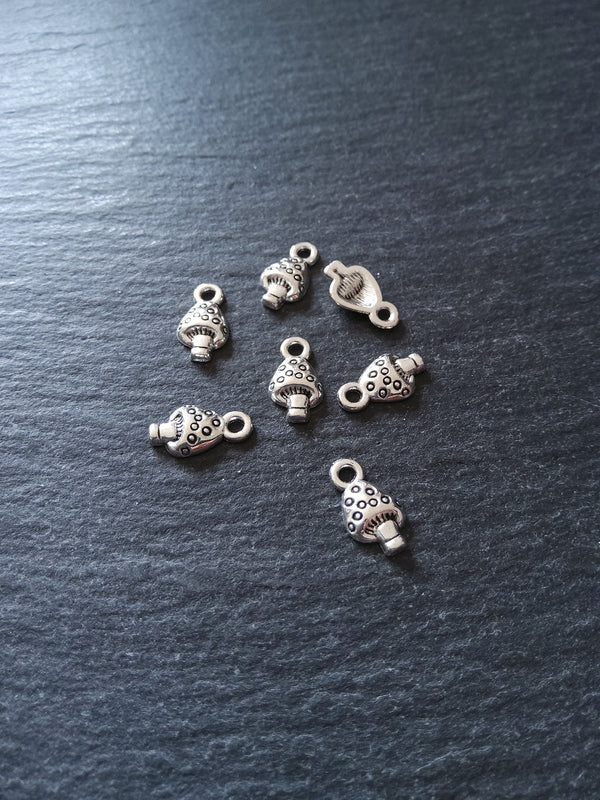 20 or 100 Little Mushroom Toadstool Charms Antique Silver Tone 13x7mm