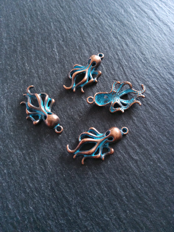8 or 40 Antique Copper Octopus Charms with Blue Patina 31x17x5mm