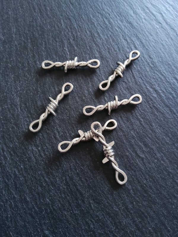 8 or 40 Long Barbed Wire Connector Charms Antique Silver Tone Alloy 34x10mm