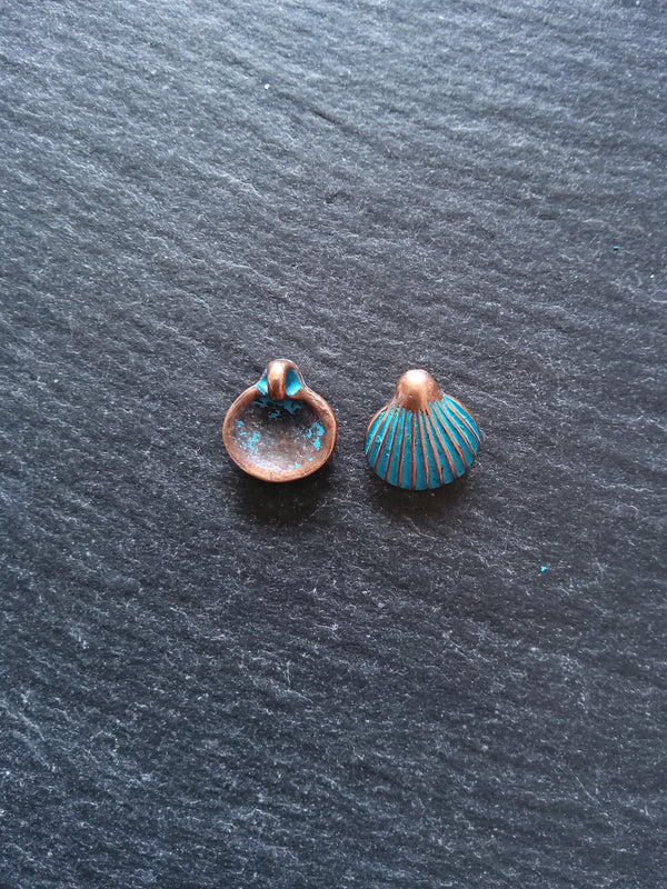 8 or 40 Antique Copper Scallop Shell Charms with Blue Patina 21x11mm