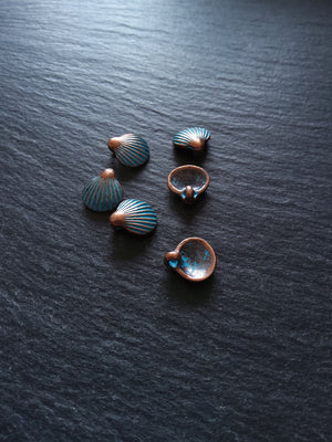 8 or 40 Antique Copper Scallop Shell Charms with Blue Patina 21x11mm
