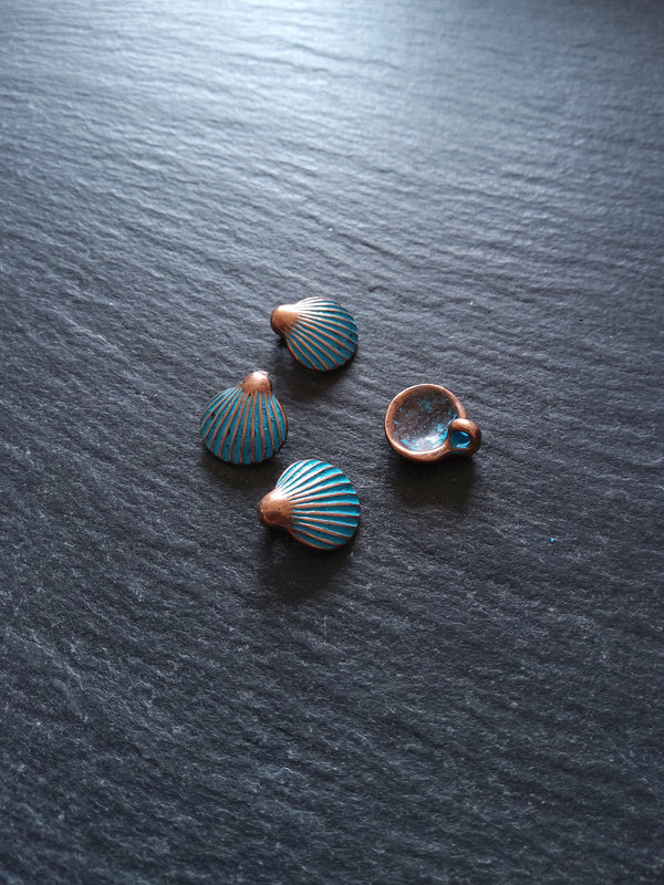 8 or 40 Antique Copper Scallop Shell Charms with Blue Patina 21x11mm