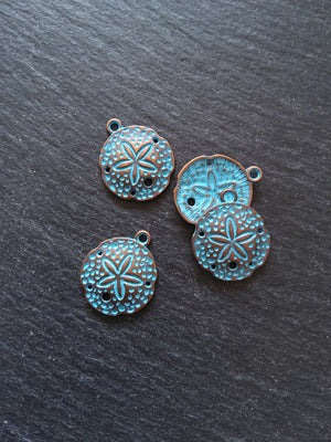 8 or 40 Antique Copper Sand Dollar Charms with Blue Patina 25x21mm