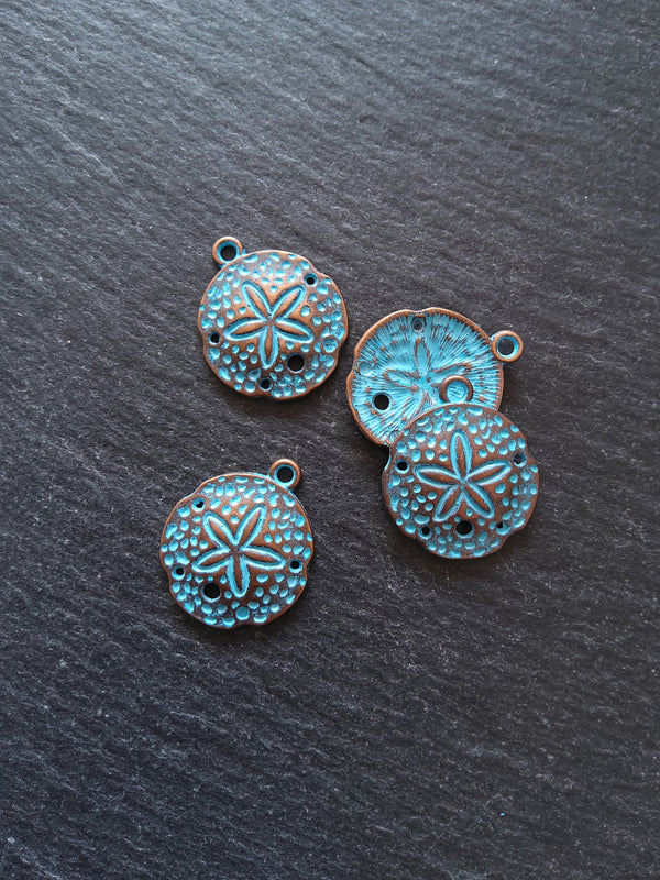 8 or 40 Antique Copper Sand Dollar Charms with Blue Patina 25x21mm