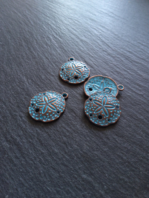 8 or 40 Antique Copper Sand Dollar Charms with Blue Patina 25x21mm