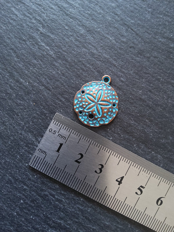 8 or 40 Antique Copper Sand Dollar Charms with Blue Patina 25x21mm