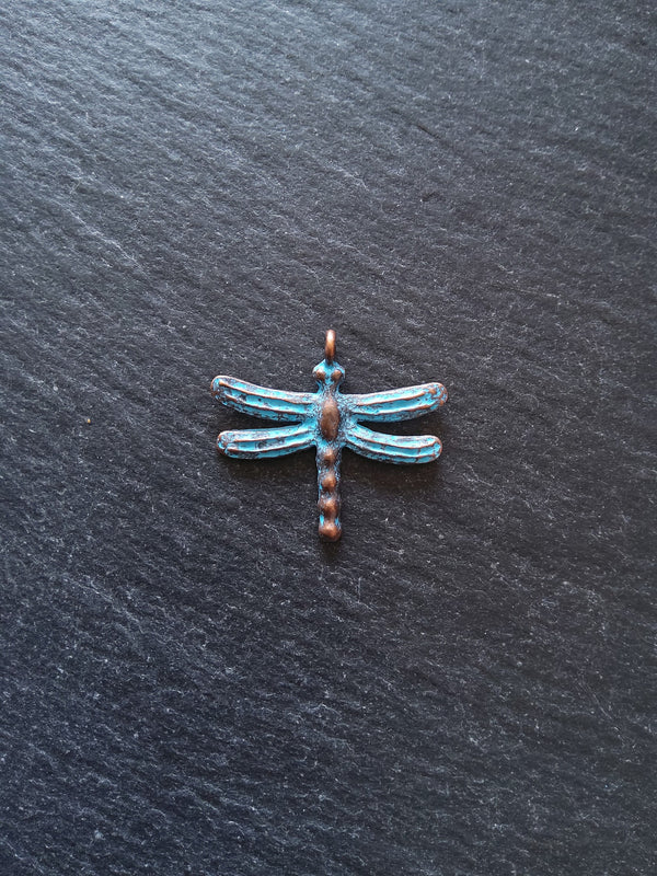 4 or 20 Antique Copper Dragonfly Charms with Blue Patina 28x25mm