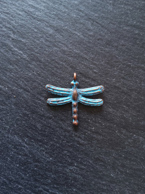 4 or 20 Antique Copper Dragonfly Charms with Blue Patina 28x25mm