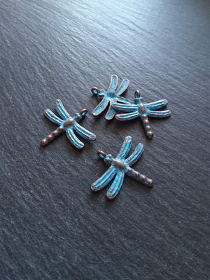 4 or 20 Antique Copper Dragonfly Charms with Blue Patina 28x25mm