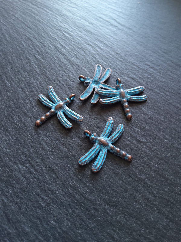 4 or 20 Antique Copper Dragonfly Charms with Blue Patina 28x25mm
