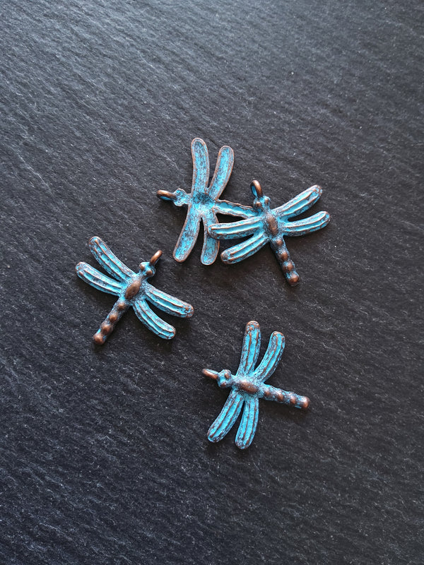 4 or 20 Antique Copper Dragonfly Charms with Blue Patina 28x25mm