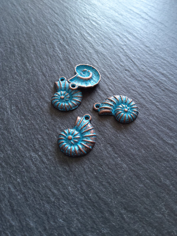 8 or 40 Antique Copper Ammonite Shell Charms with Blue Patina 21x15mm
