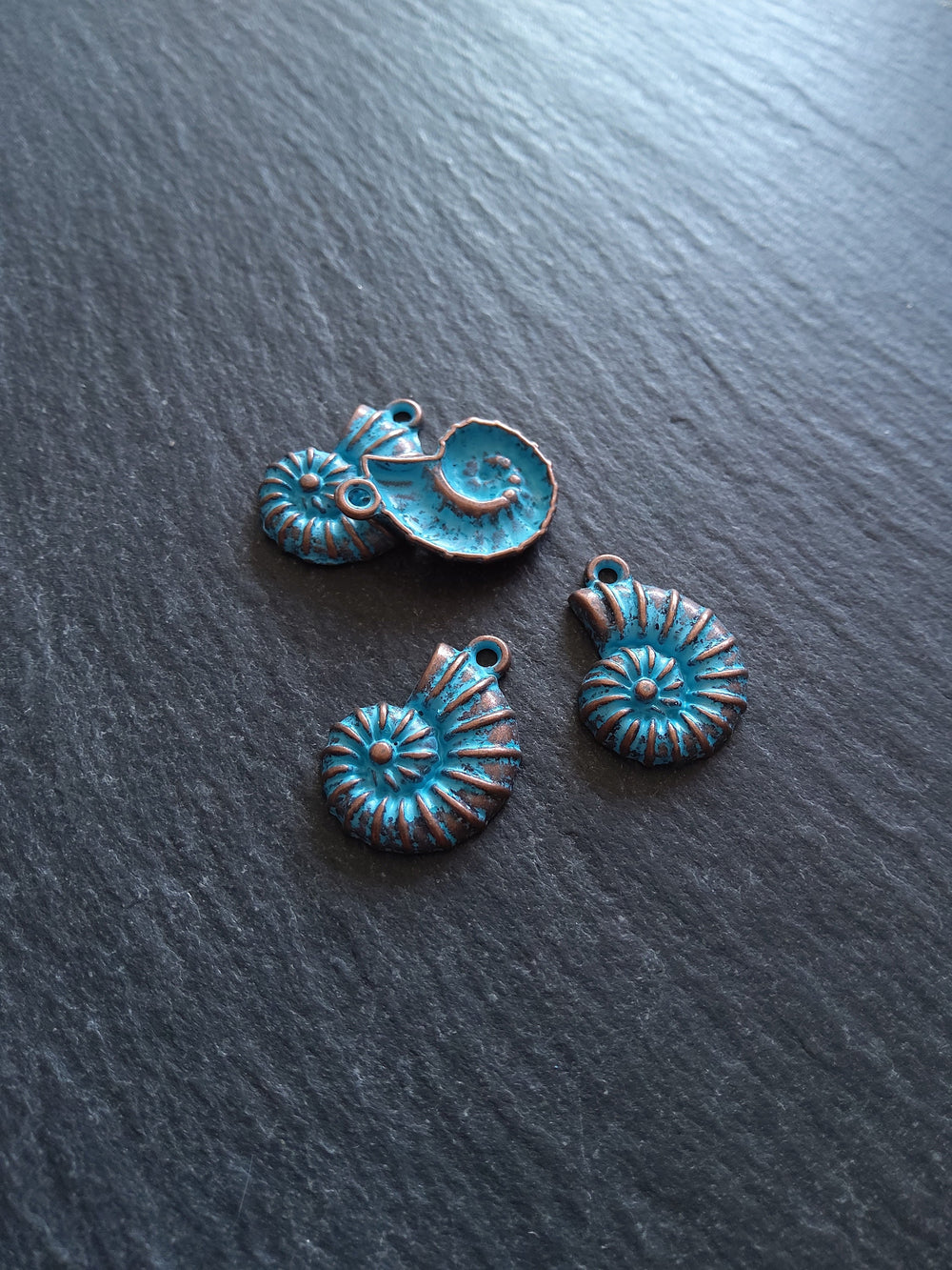 8 or 40 Antique Copper Ammonite Shell Charms with Blue Patina 21x15mm