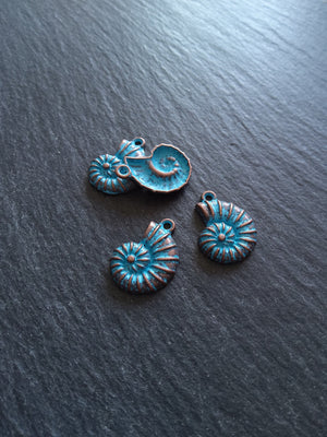 8 or 40 Antique Copper Ammonite Shell Charms with Blue Patina 21x15mm