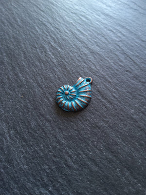 8 or 40 Antique Copper Ammonite Shell Charms with Blue Patina 21x15mm