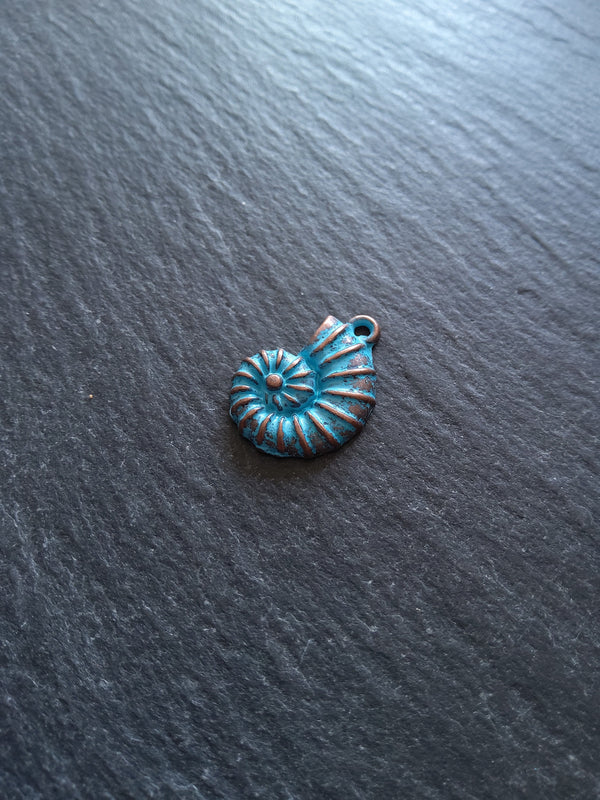8 or 40 Antique Copper Ammonite Shell Charms with Blue Patina 21x15mm