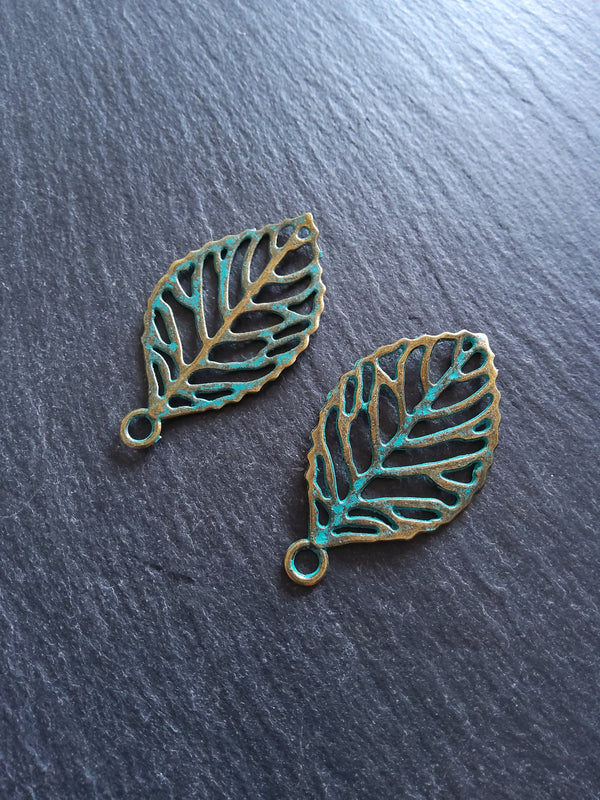 4 or 20 Antique Bronze Leaf Charms with Green Patina 49x27x2mm Nickel FREE
