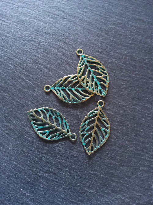 4 or 20 Antique Bronze Leaf Charms with Green Patina 49x27x2mm Nickel FREE